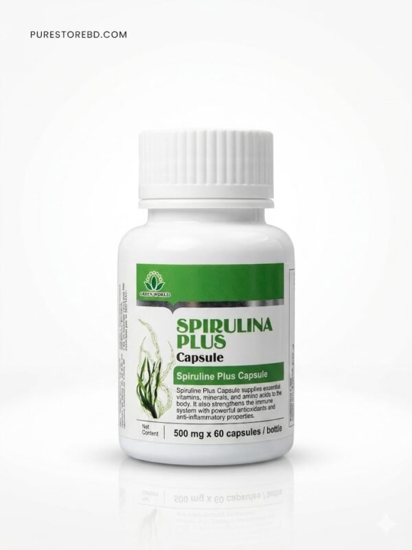Greenworld Spirulina Plus capsules – antioxidant-rich spirulina supplement with anti-inflammatory properties.