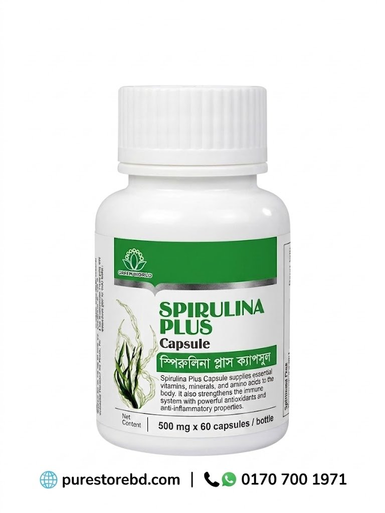 Greenworld Spirulina Plus Capsules â 500 mg x 60 | PureStoreBD Greenworld Spirulina Plus capsules â 500 mg x 60 capsules per bottle â supplies essential vitamins, minerals, amino acids, and supports immune system with antioxidants and anti-inflammatory properties.