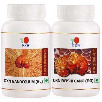DXN Reishi Gano RG and Ganoderma Lucidum GL powder bottles for natural immunity and wellness support